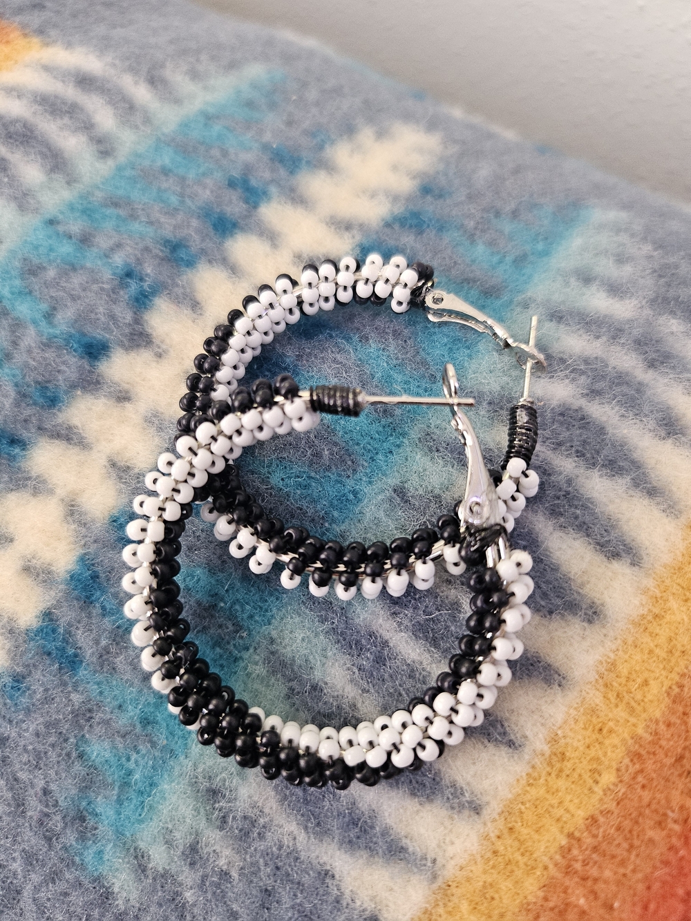 Handcrafted Black & White Beaded Hoop Earrings - Women Jewelry